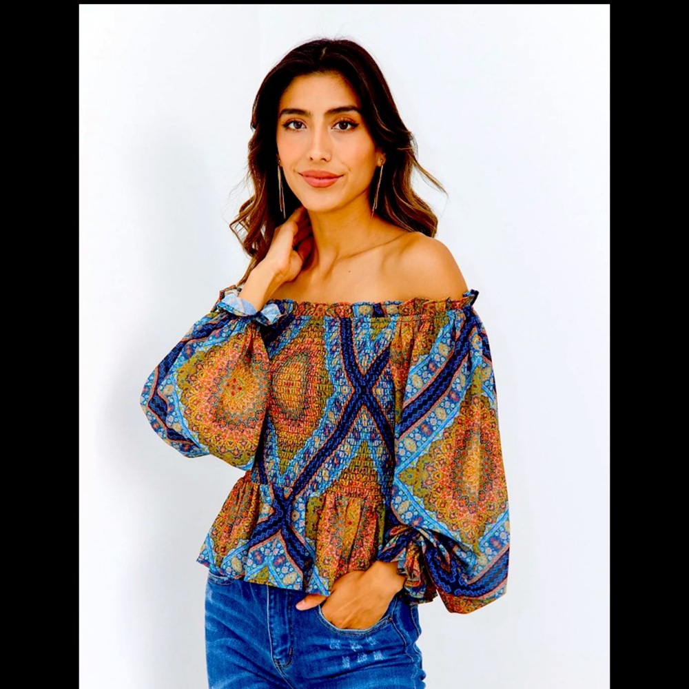 Blue and Orange Off the Shoulder Blouse